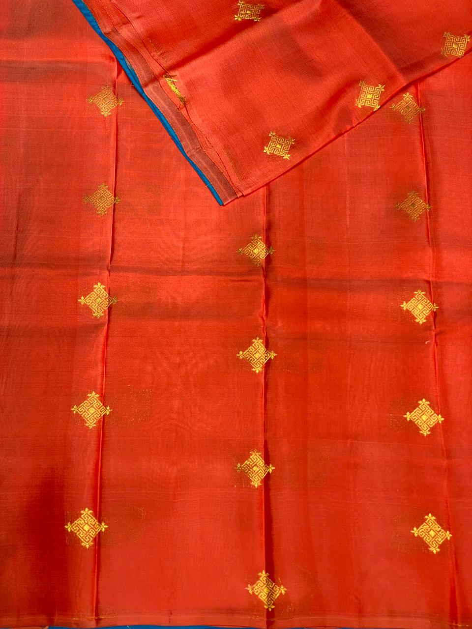 Dark peach and blue pure Kanchipuram soft Silk saree - PPSILK25