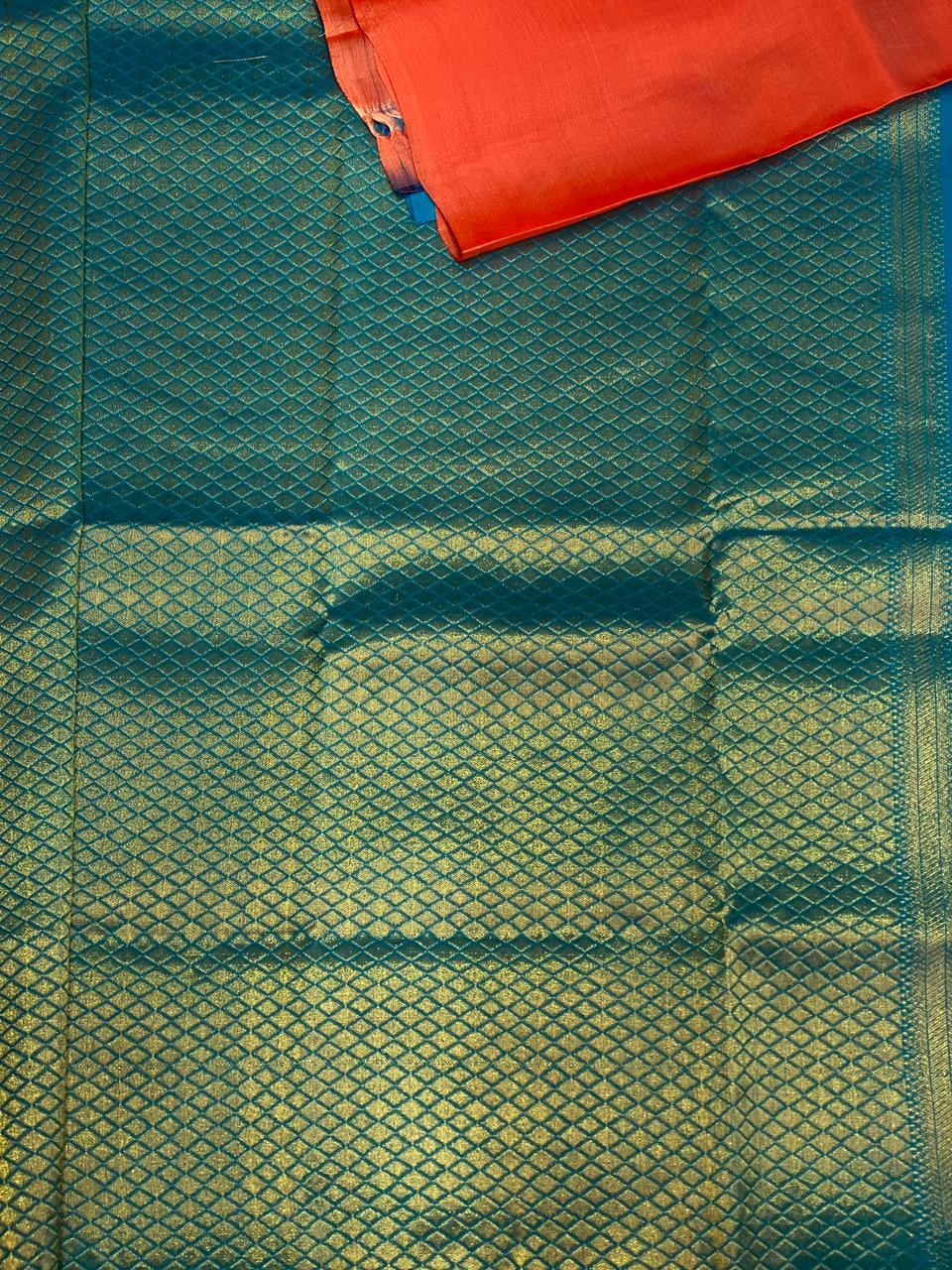 Dark peach and blue pure Kanchipuram soft Silk saree - PPSILK25