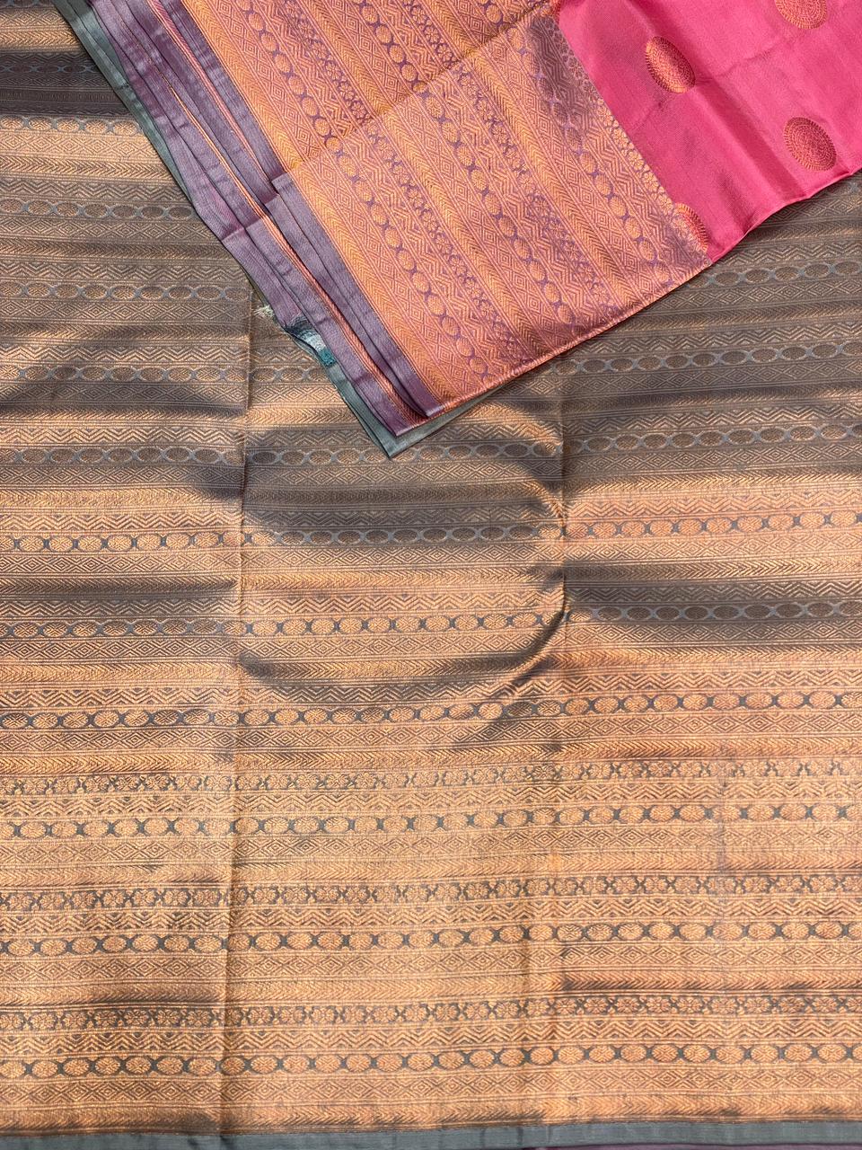 Pink and Grey pure Kanchipuram soft Silk saree - PPSILK26