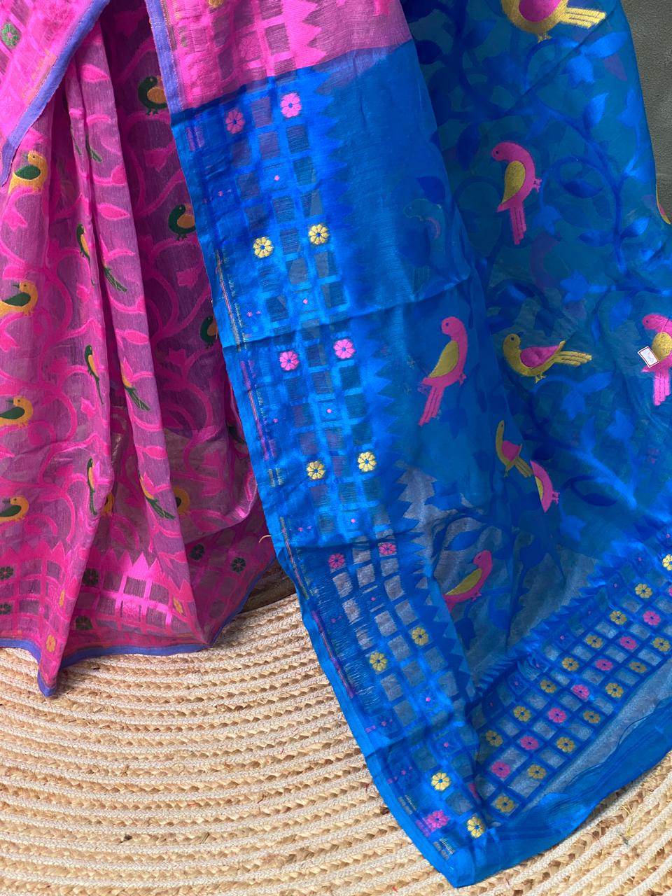 Cotton jamdani saree in Lilac pink and blue - PSCJ1