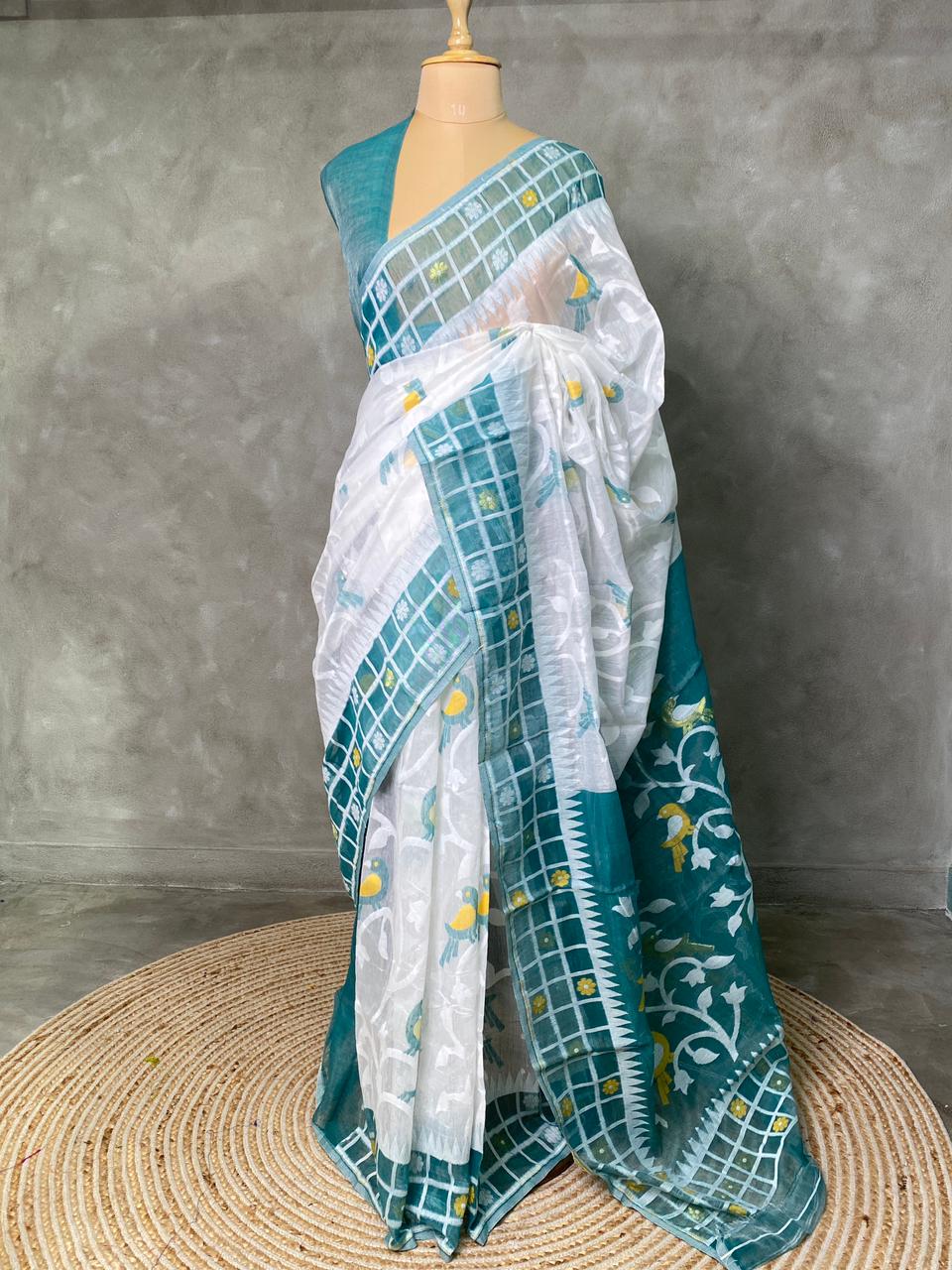 Cotton jamdani saree in white and peacock blue - PSCJ2