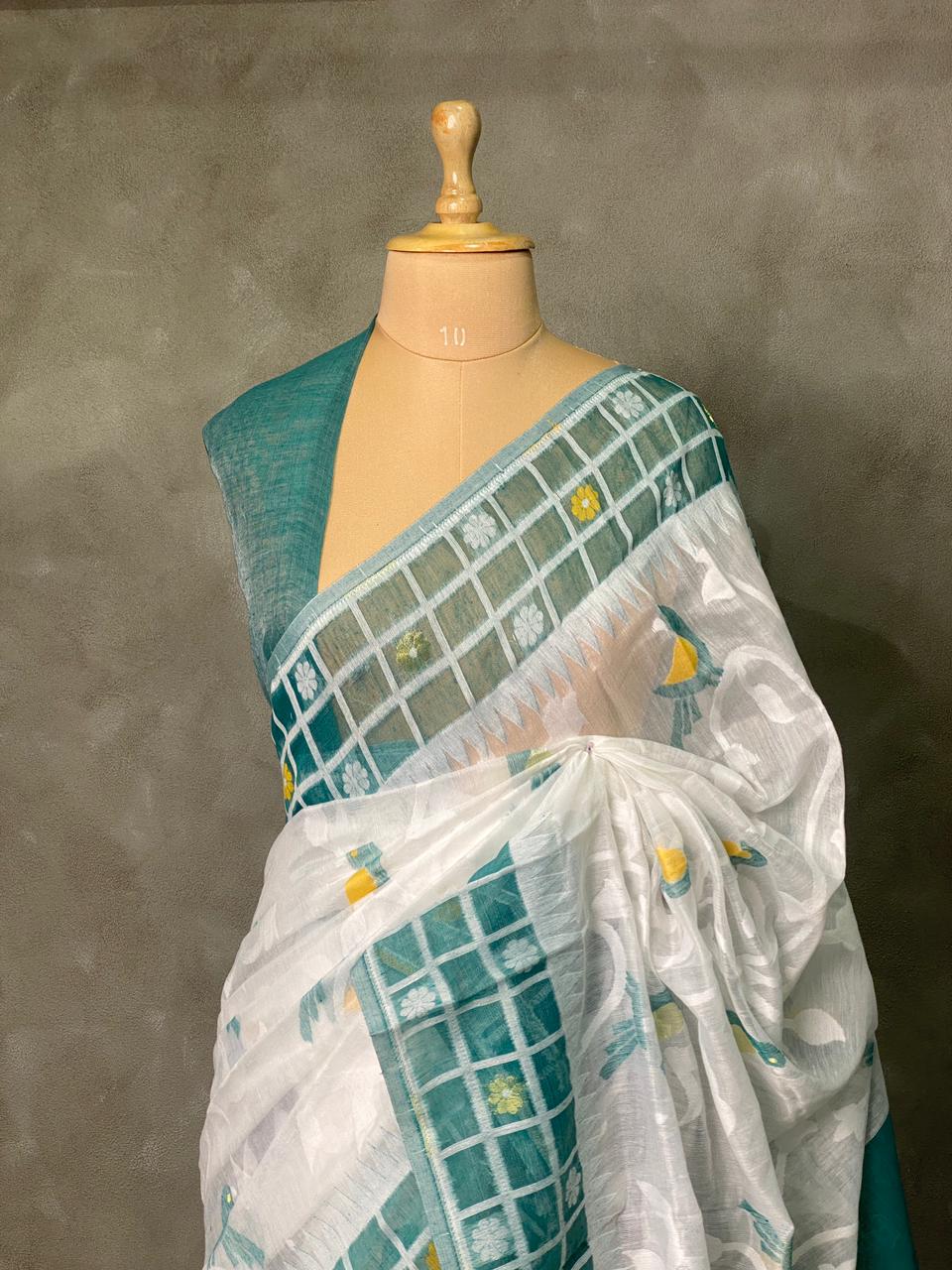 Cotton jamdani saree in white and peacock blue - PSCJ2