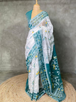 Cotton jamdani saree in white and peacock blue - PSCJ2