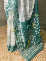 Cotton jamdani saree in white and peacock blue - PSCJ2