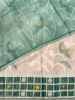 Cotton jamdani saree in white and peacock blue - PSCJ2