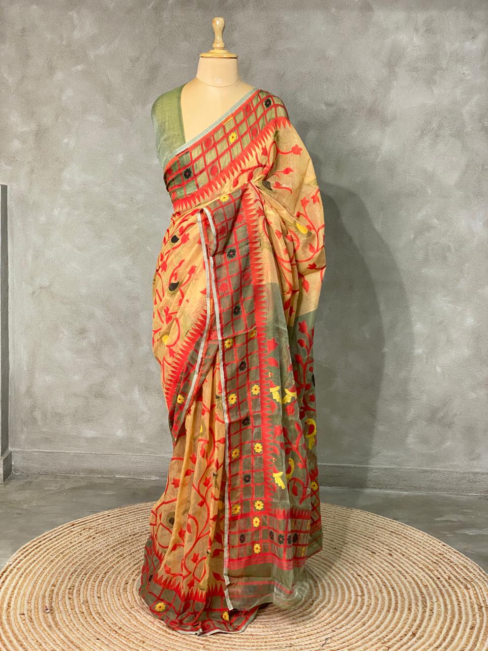 Cotton jamdani saree light gold - PSCJ5