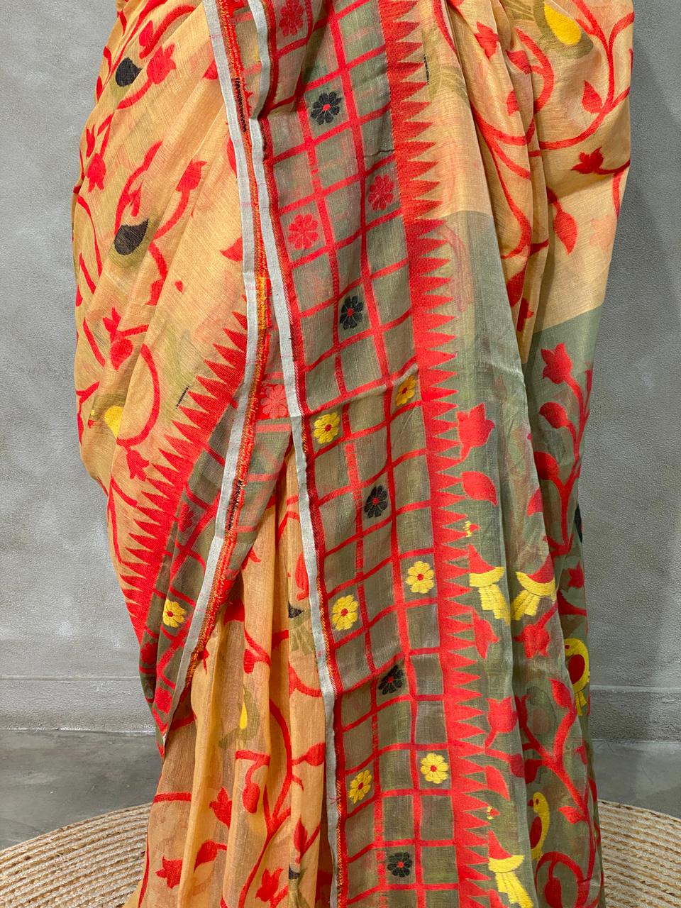 Cotton jamdani saree light gold - PSCJ5