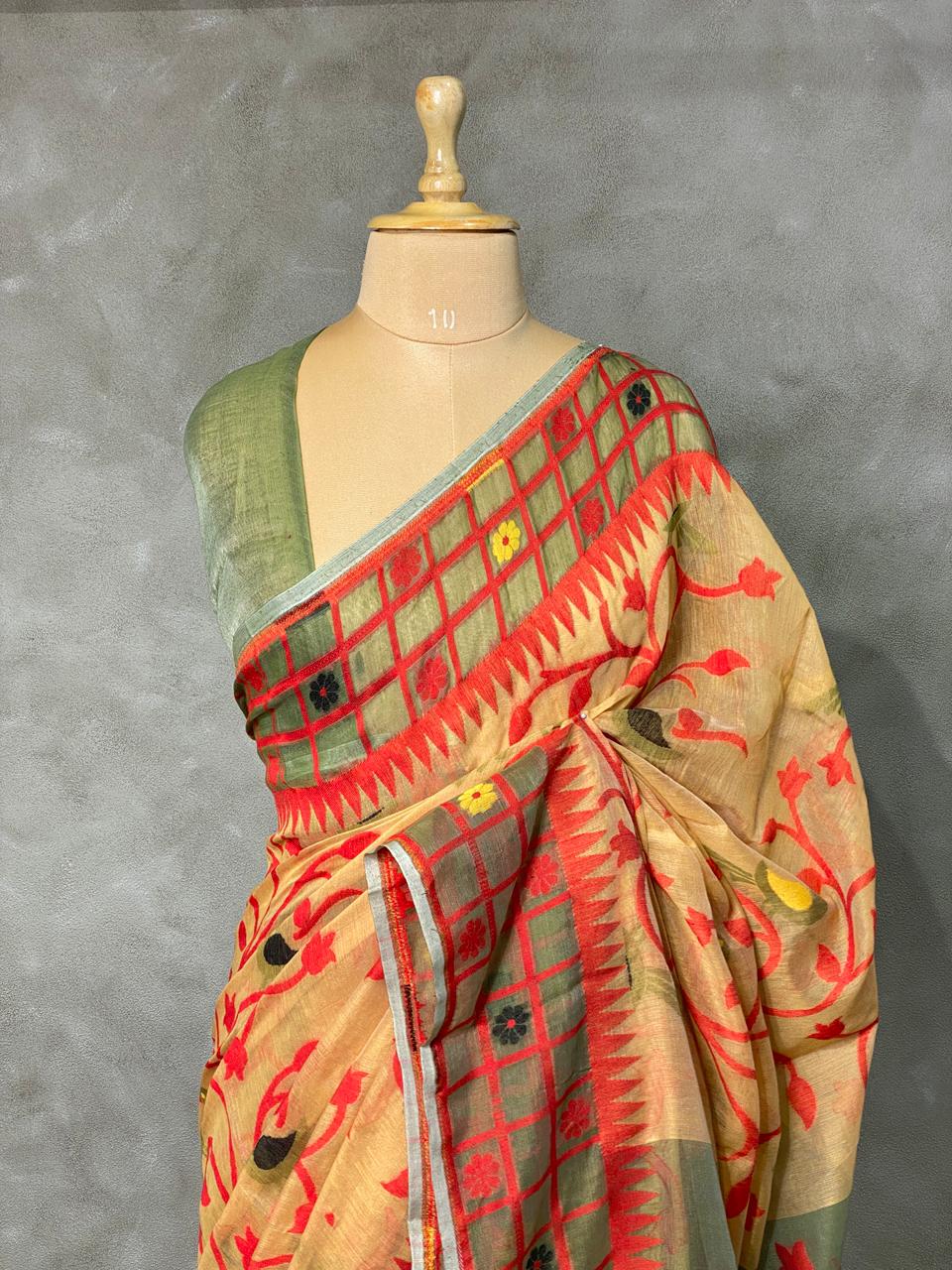 Cotton jamdani saree light gold - PSCJ5