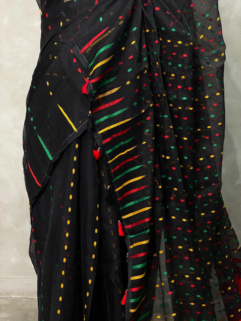 Cotton jamdani saree in black - PSCJ6