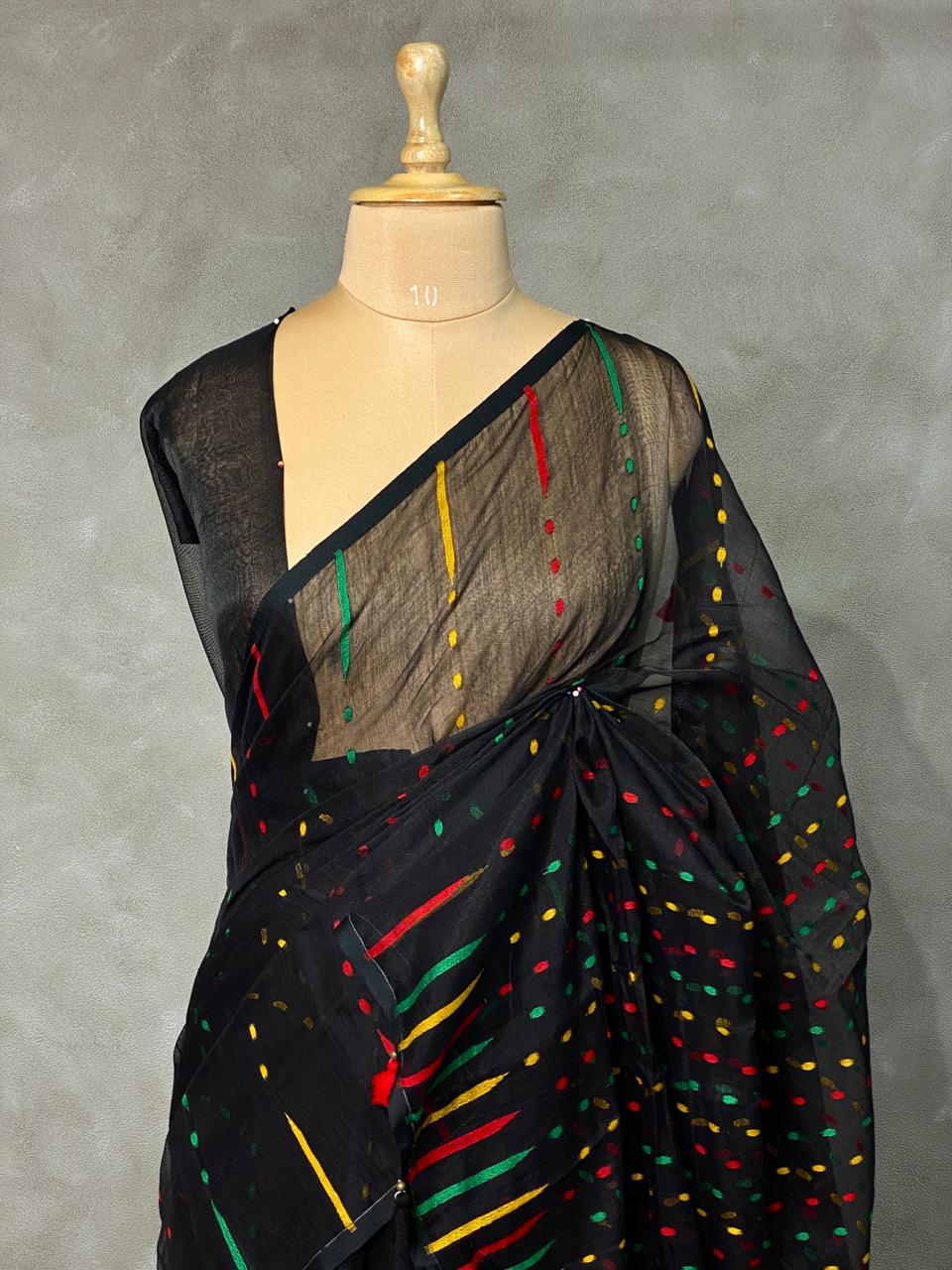 Cotton jamdani saree in black - PSCJ6