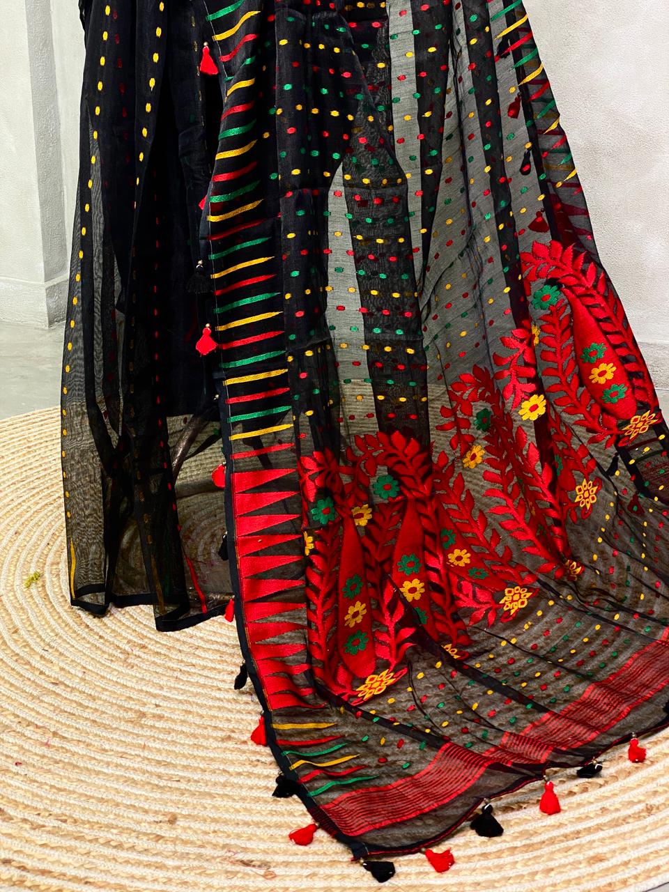 Cotton jamdani saree in black - PSCJ6