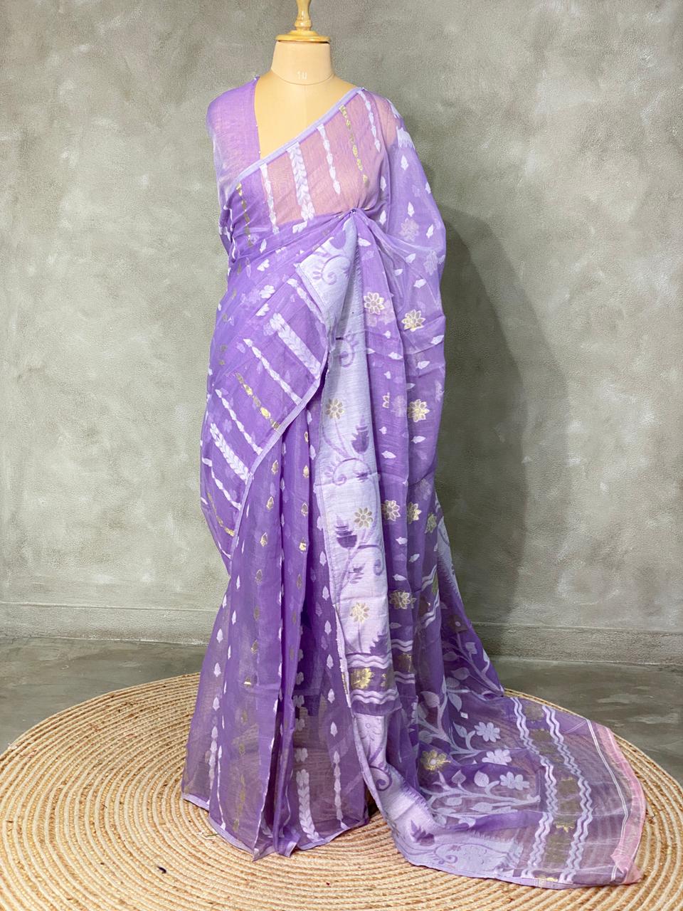 Cotton jamdani saree in lavender - PSCJ9