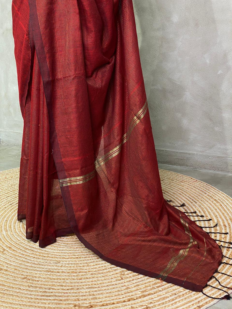 soft cotton saree in dark marooon - PSC7