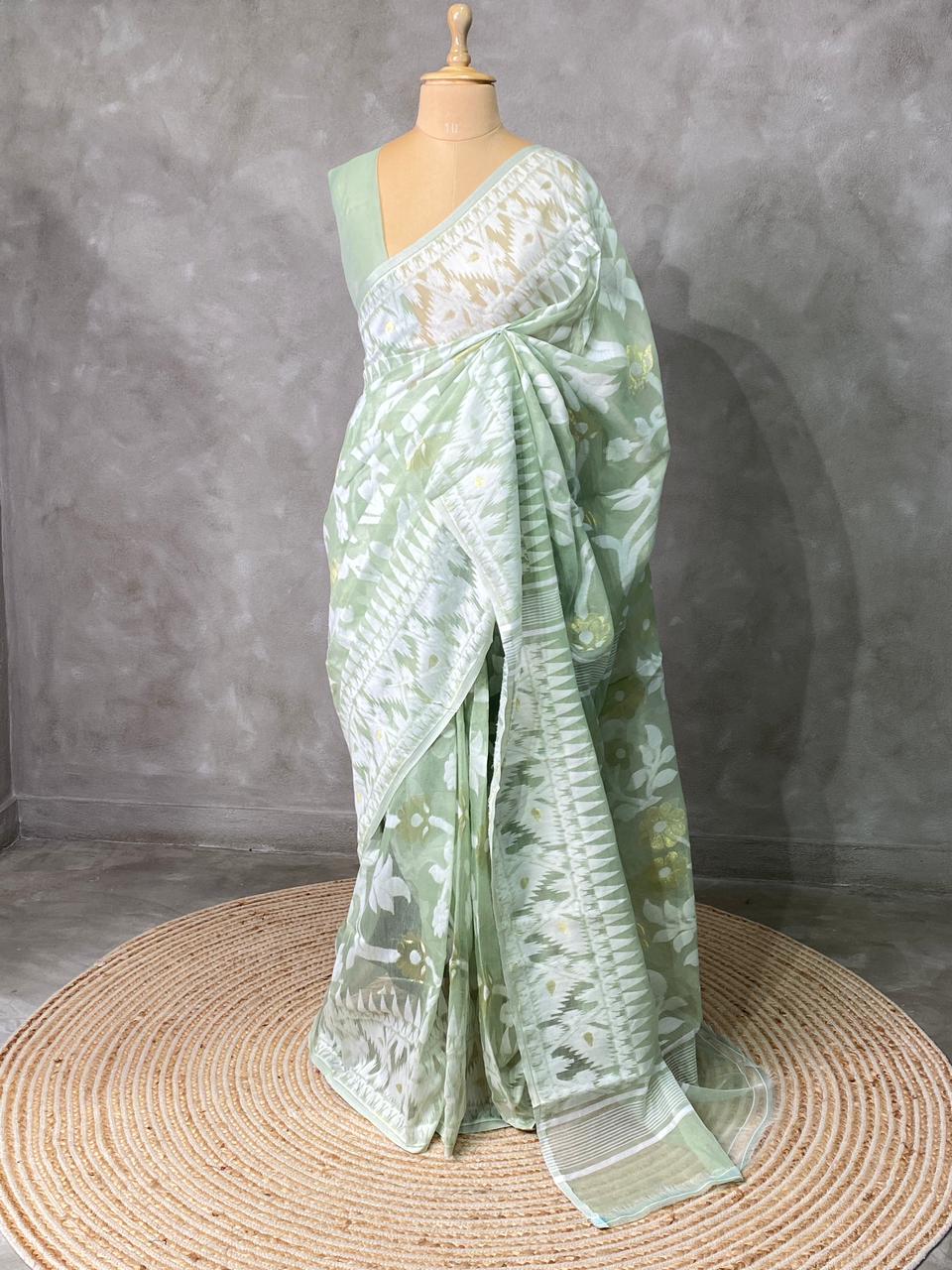 Cotton jamdani saree inpastal green- PSCJ14