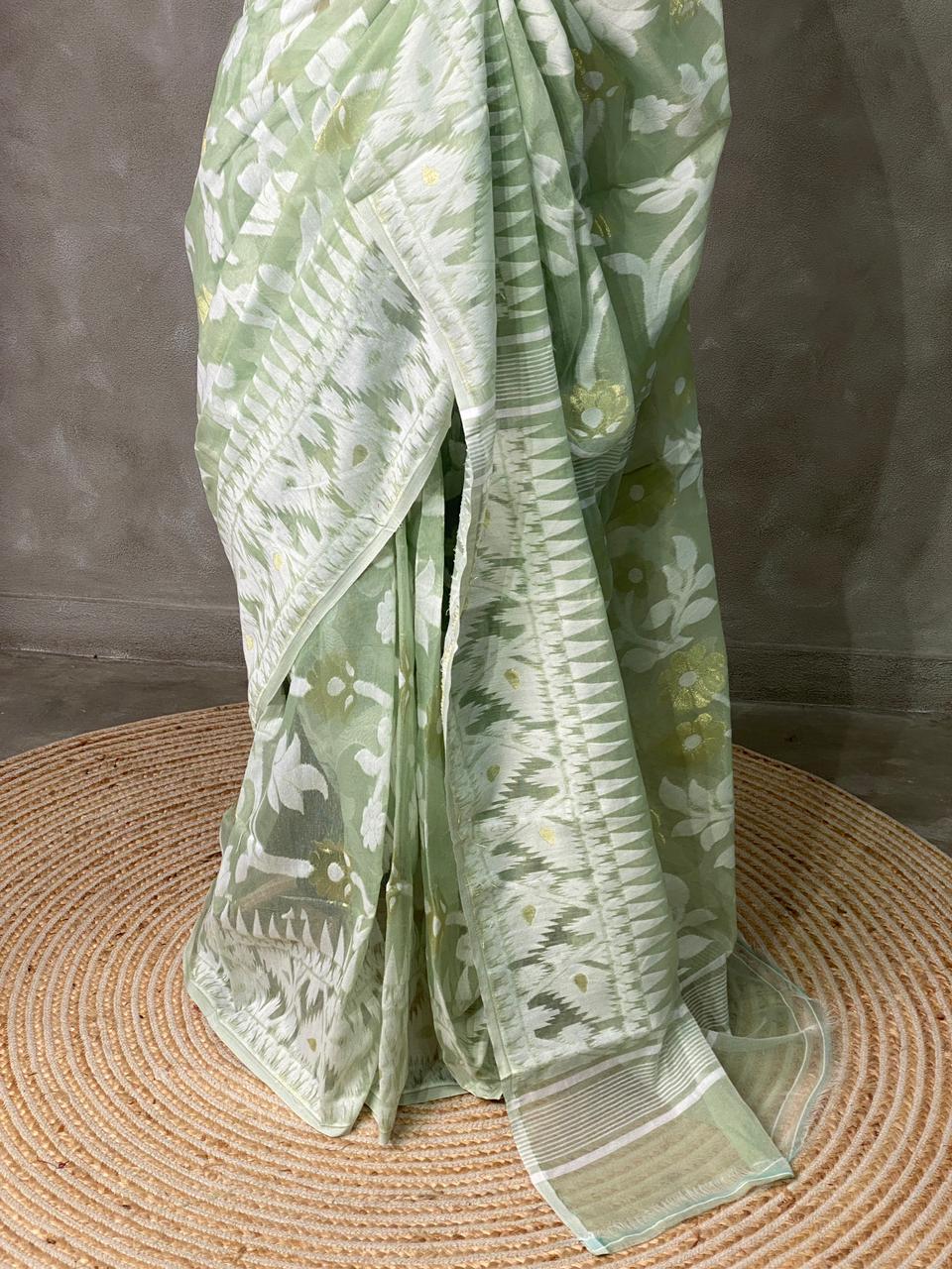 Cotton jamdani saree inpastal green- PSCJ14