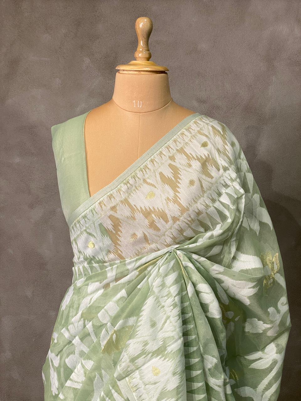 Cotton jamdani saree inpastal green- PSCJ14