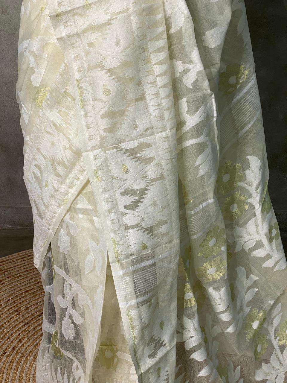 Cotton jamdani saree in beige- PSCJ15