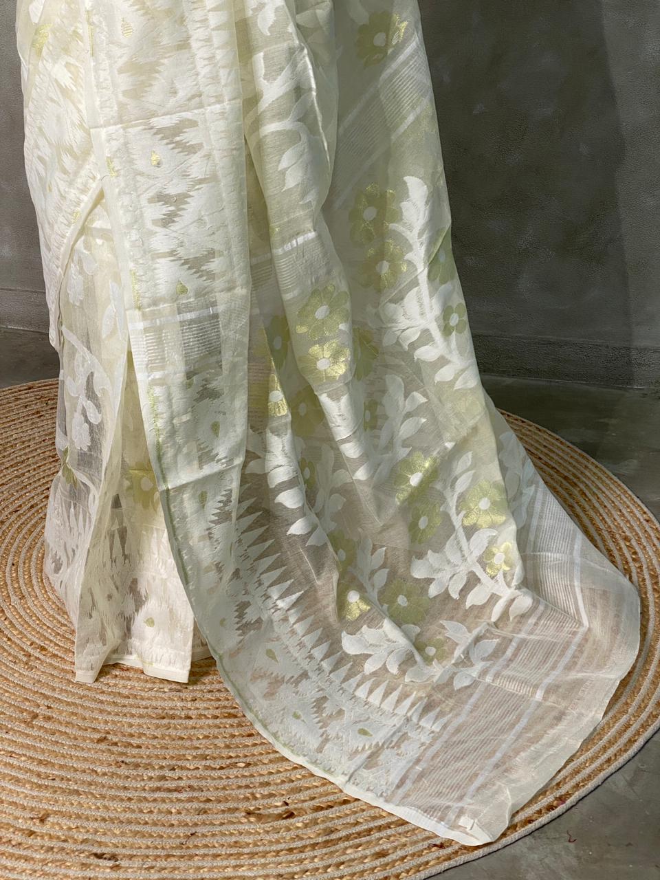 Cotton jamdani saree in beige- PSCJ15