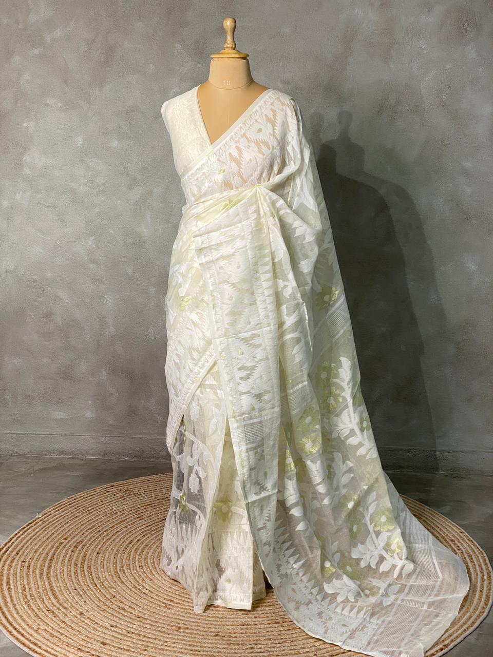 Cotton jamdani saree in beige- PSCJ15