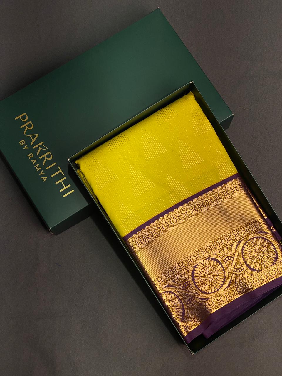 Lime Yellow and violet silk saree- PSSR17