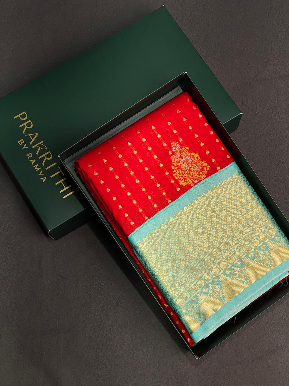 Red and pastal blue silk saree- PSSR7