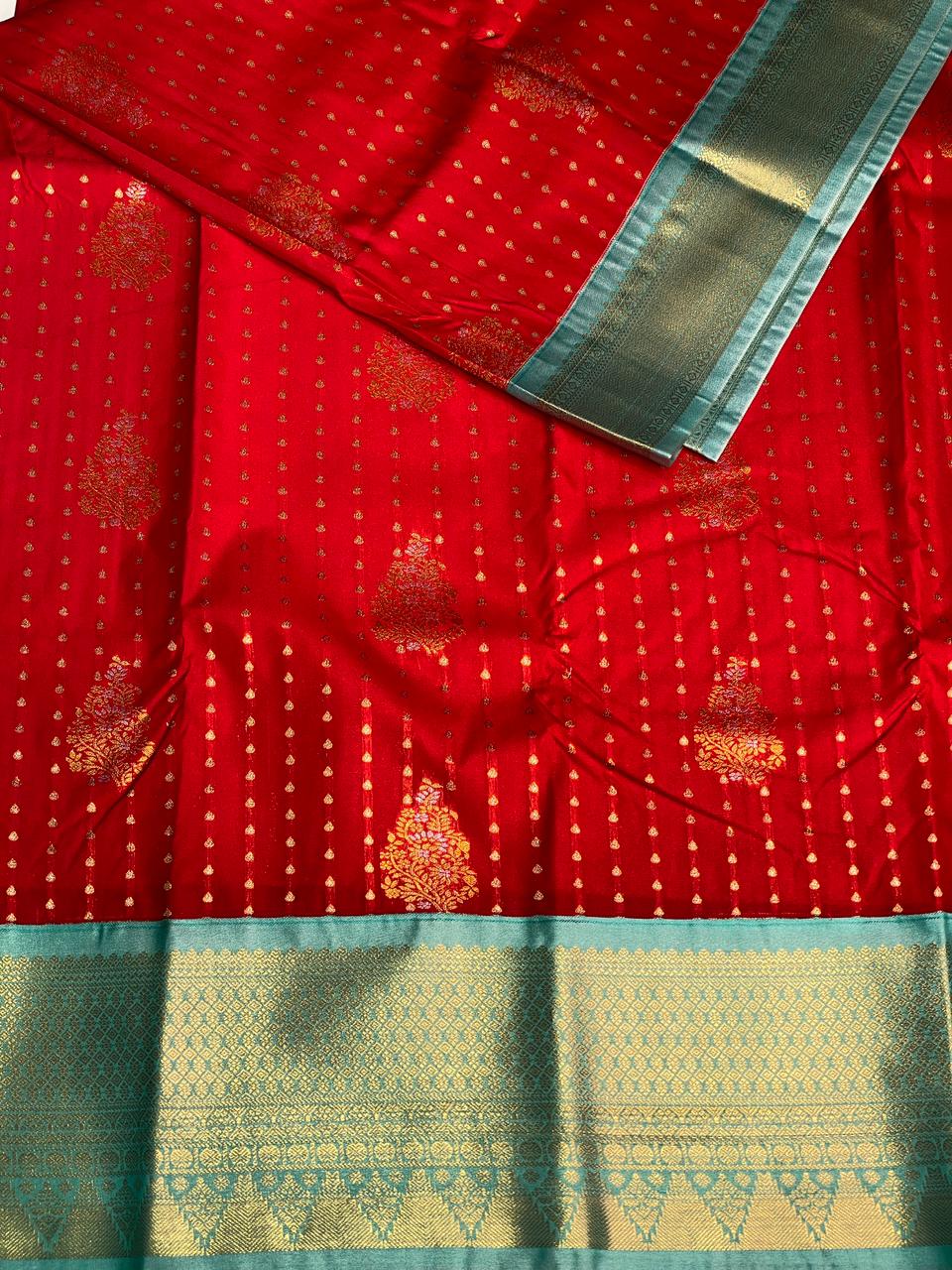 Red and pastal blue silk saree- PSSR7