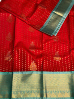 Red and pastal blue silk saree- PSSR7