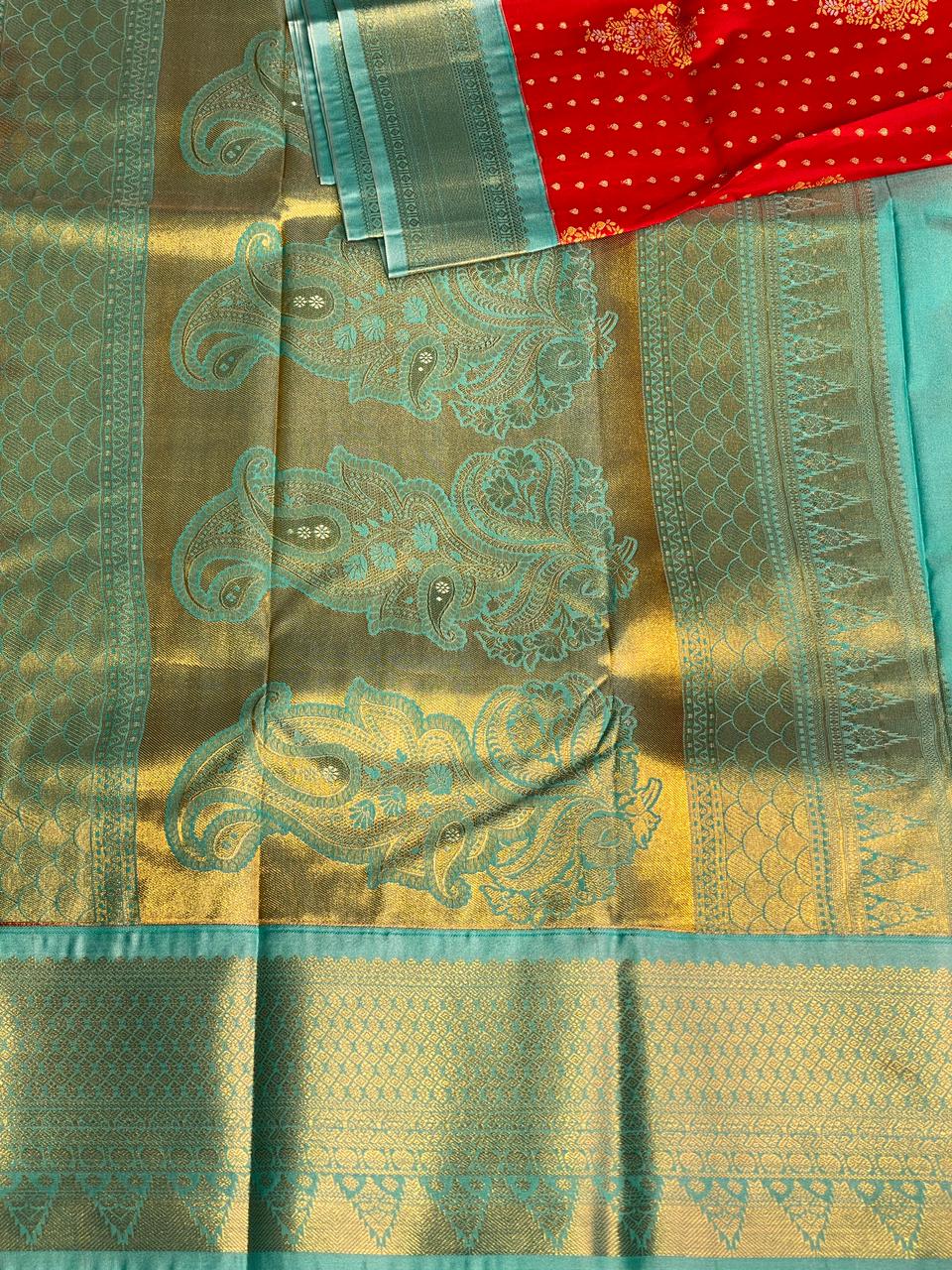 Red and pastal blue silk saree- PSSR7