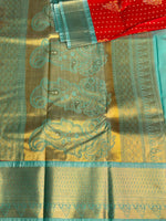 Red and pastal blue silk saree- PSSR7