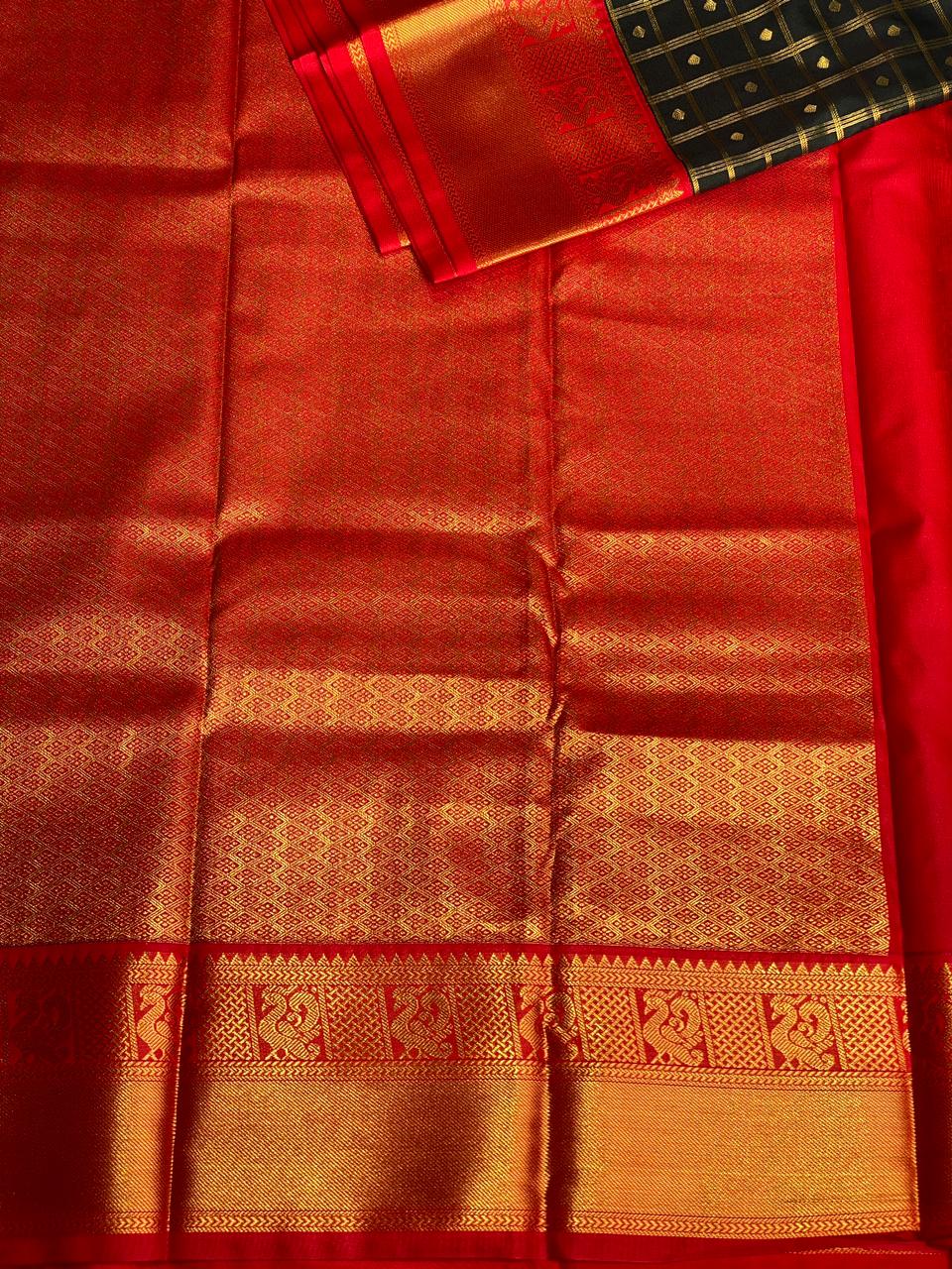 bottle green and red silk saree- PSSR21