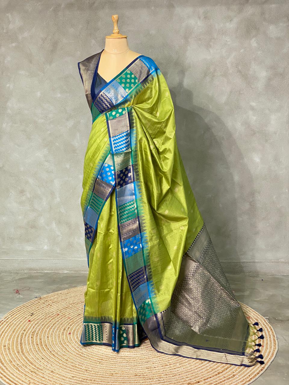 Parrot Green semi tusser Saree -PST6