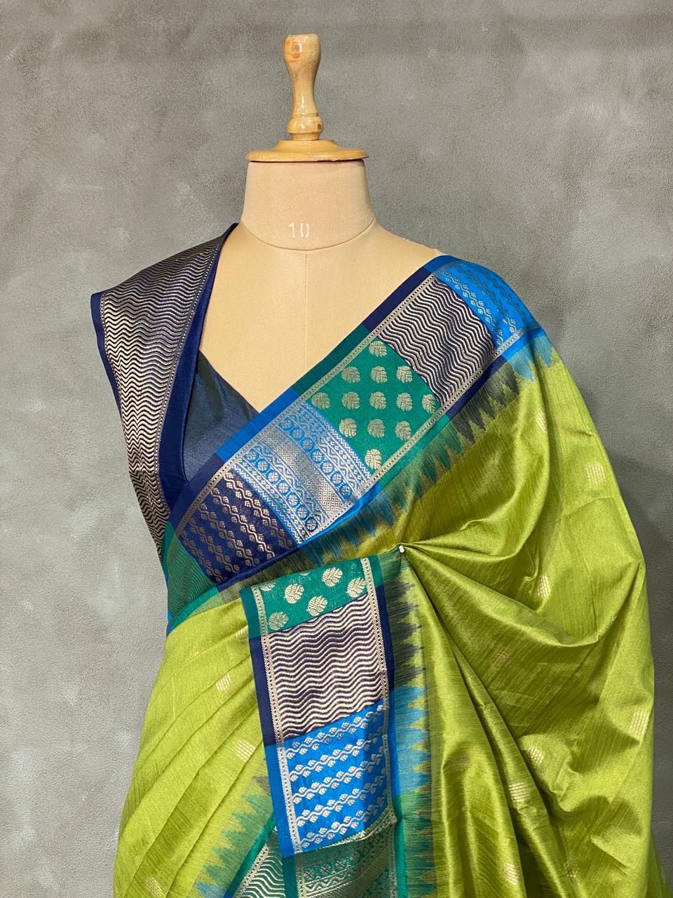 Parrot Green semi tusser Saree -PST6