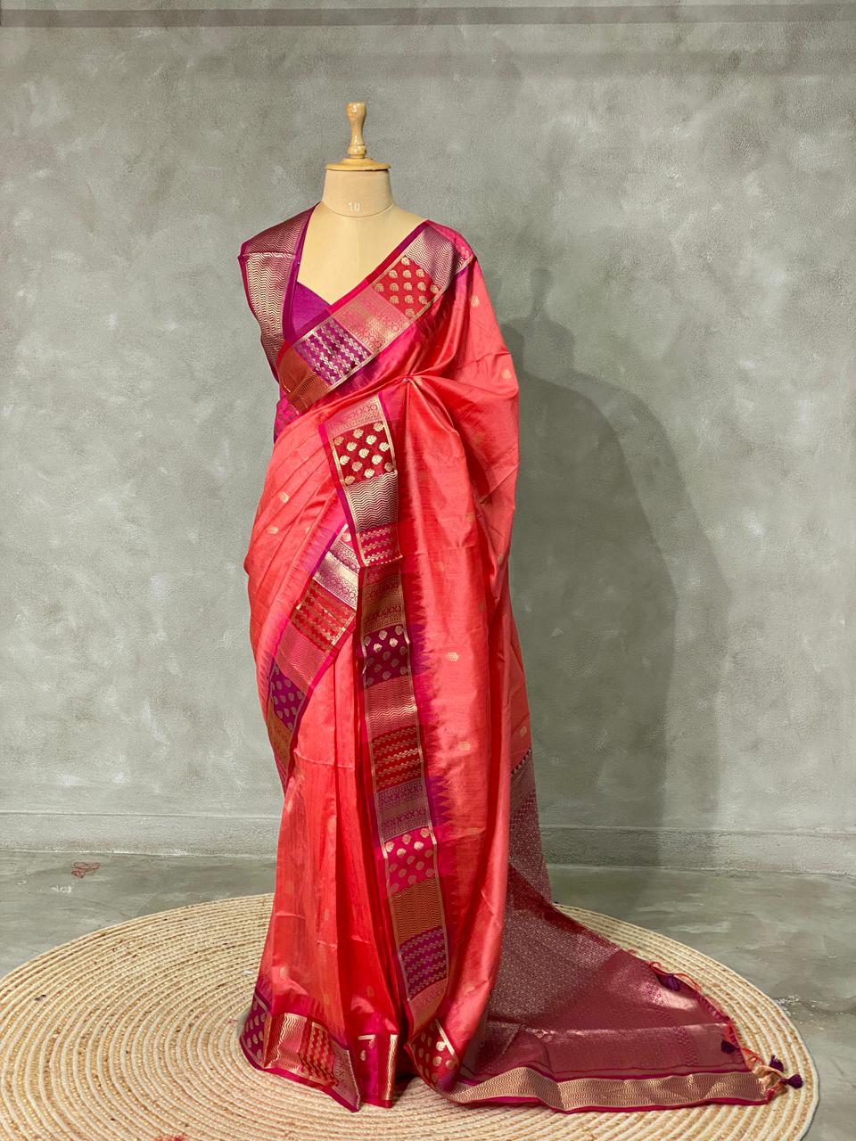 Dark peach semi tusser Saree -PST7
