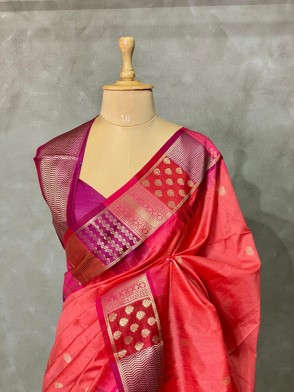 Dark peach semi tusser Saree -PST7