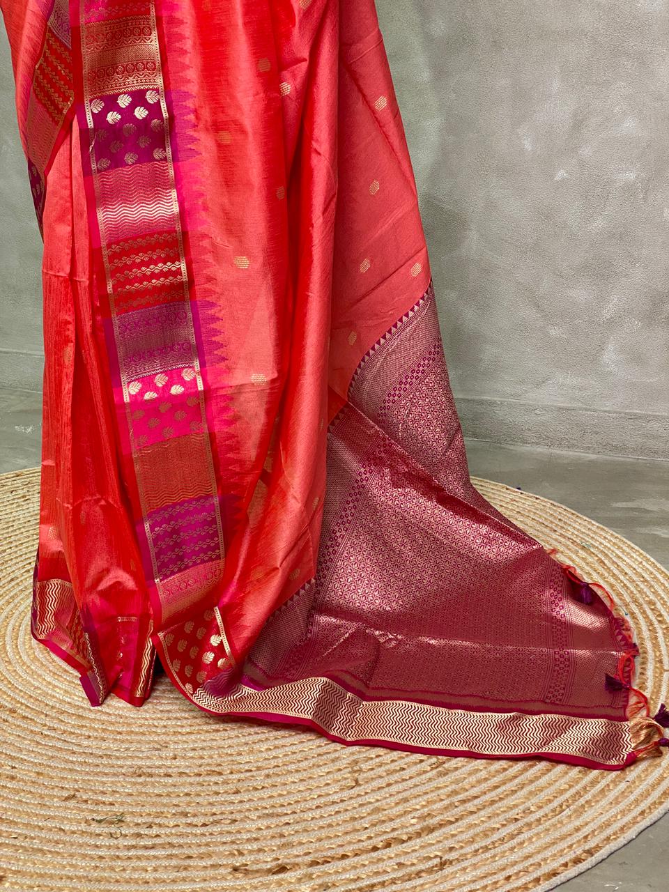 Dark peach semi tusser Saree -PST7