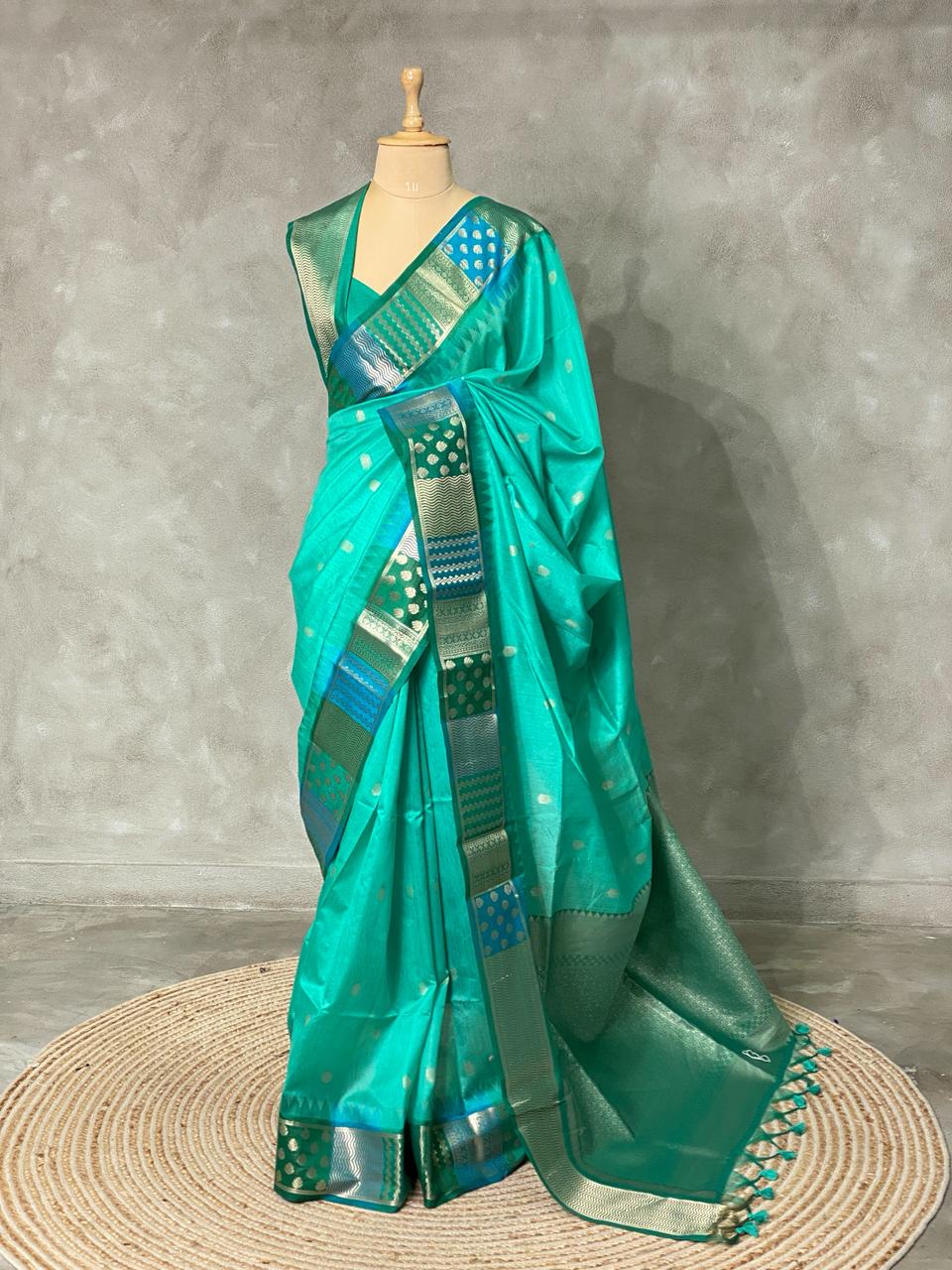Turquoise Blue semi tusser Saree -PST8