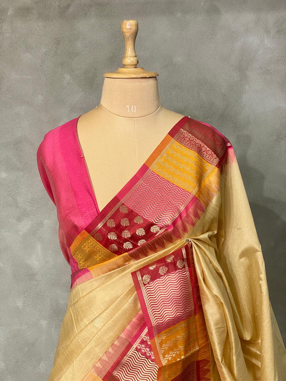 Sandal and pink semi tusser Saree -PST9