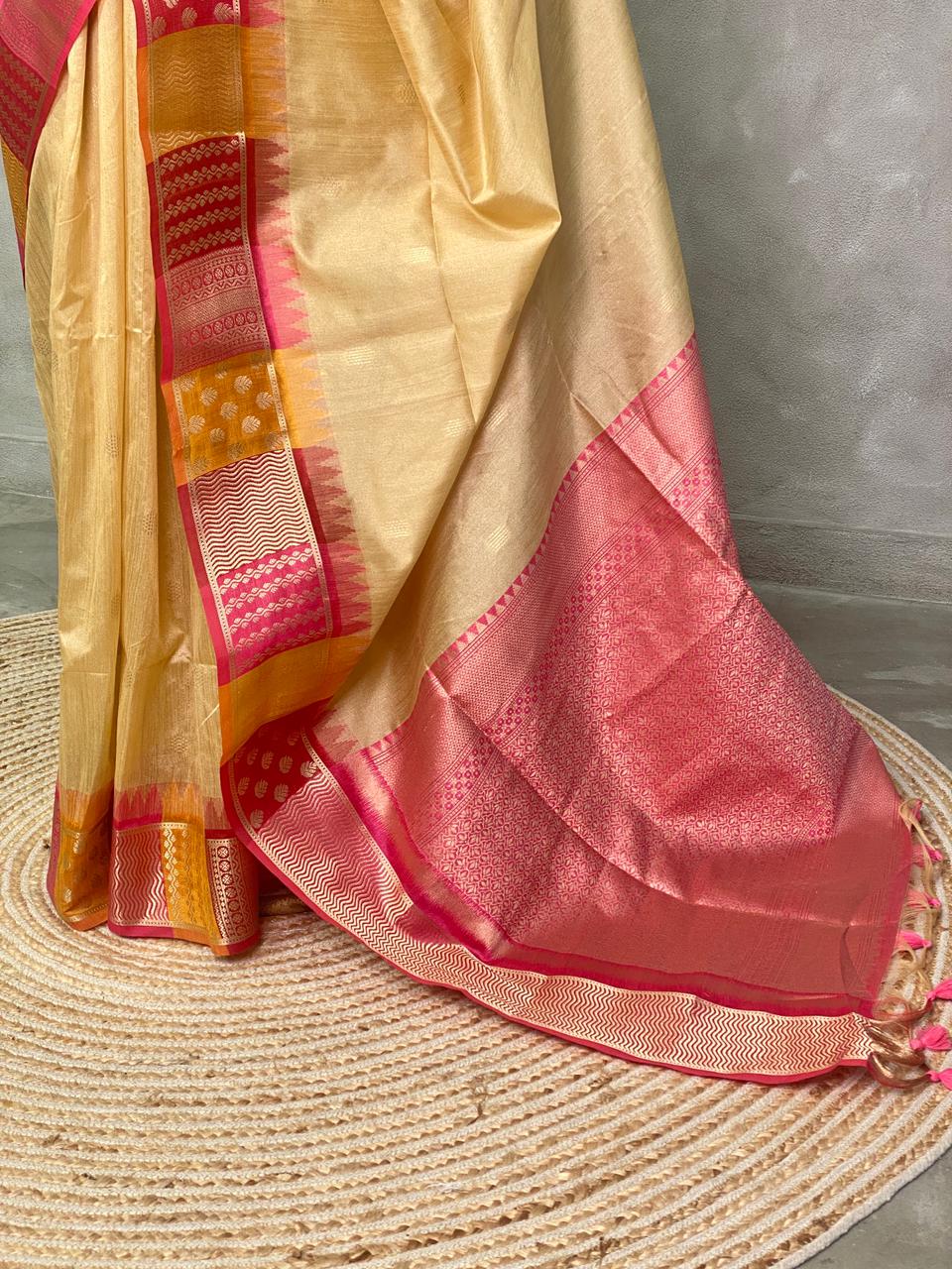 Sandal and pink semi tusser Saree -PST9