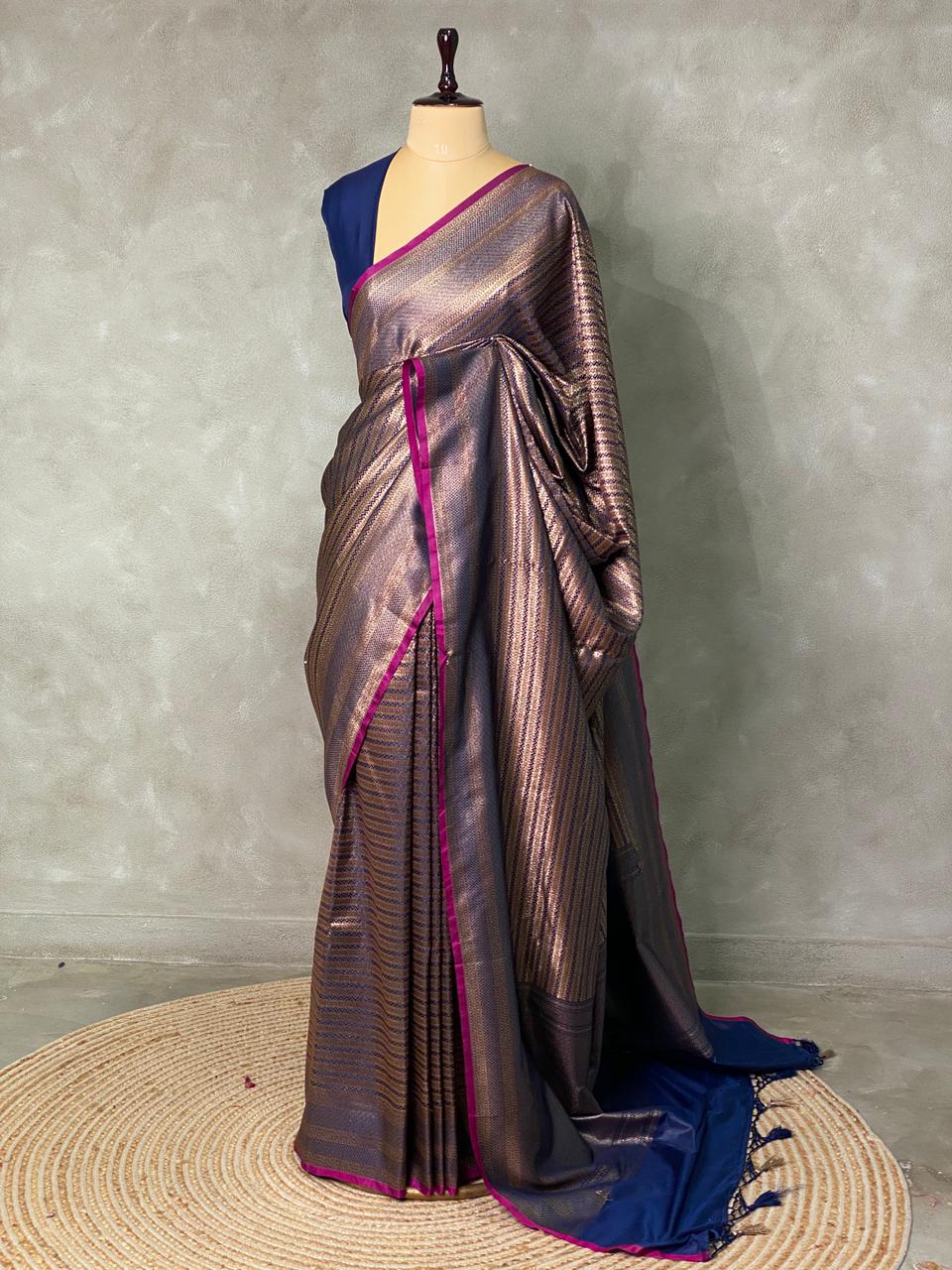 Navy Blue Semi katan Banarasi silksaree - PSB07c