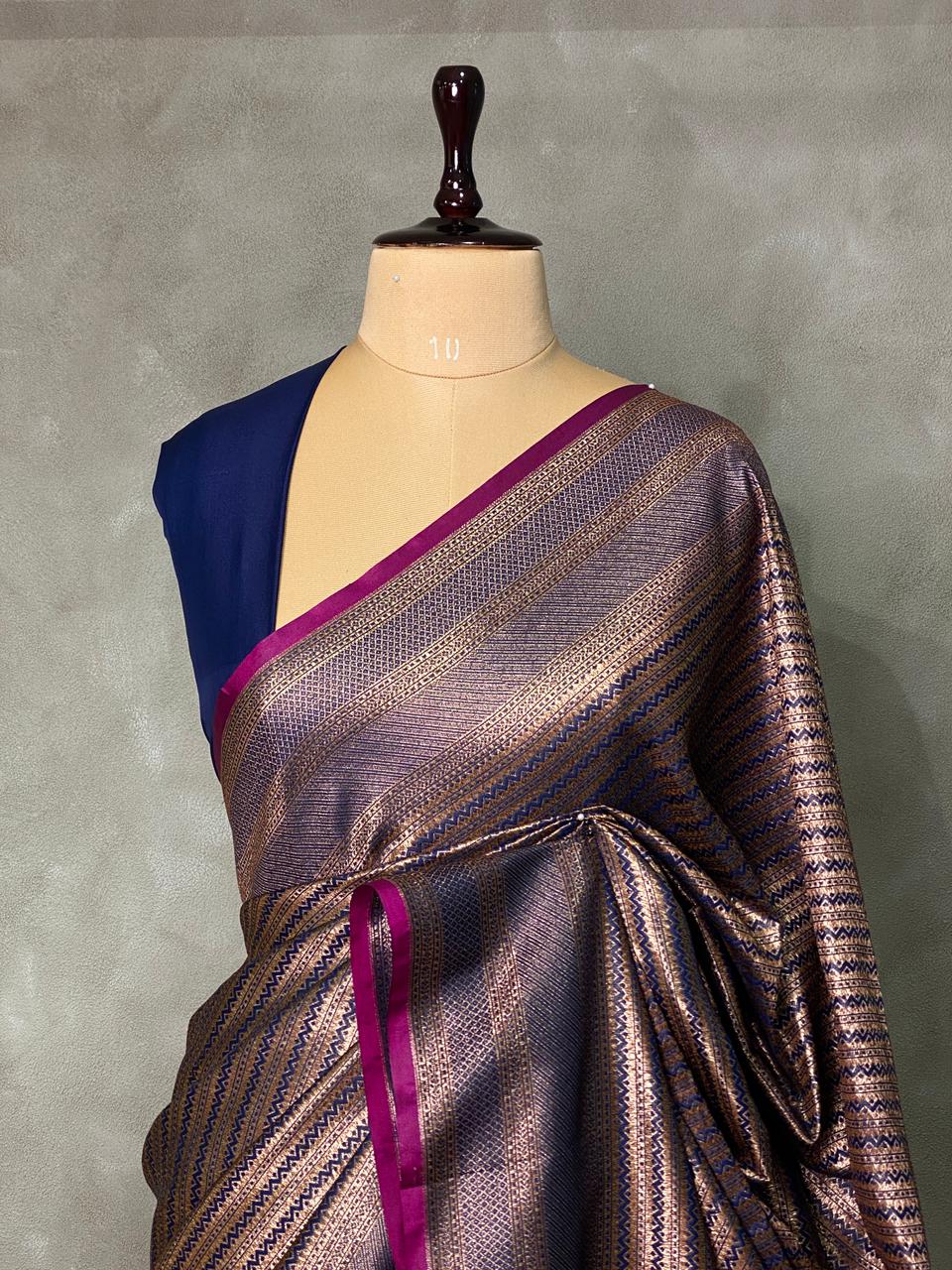 Navy Blue Semi katan Banarasi silksaree - PSB07c