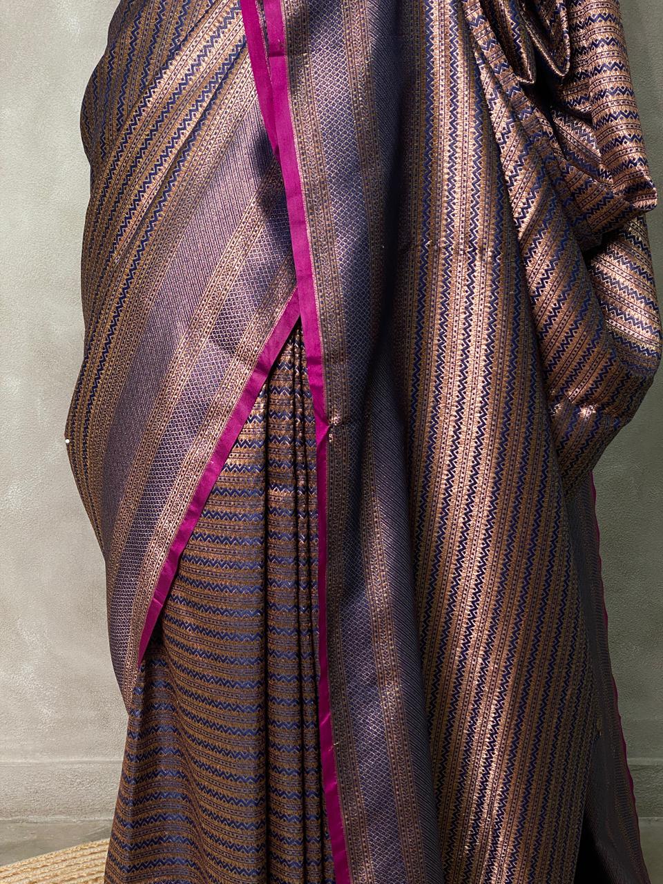 Navy Blue Semi katan Banarasi silksaree - PSB07c