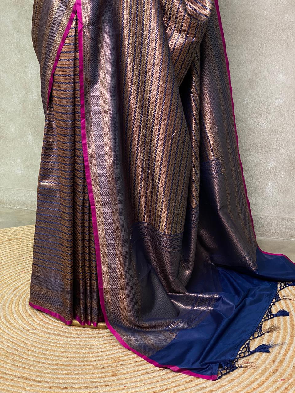 Navy Blue Semi katan Banarasi silksaree - PSB07c