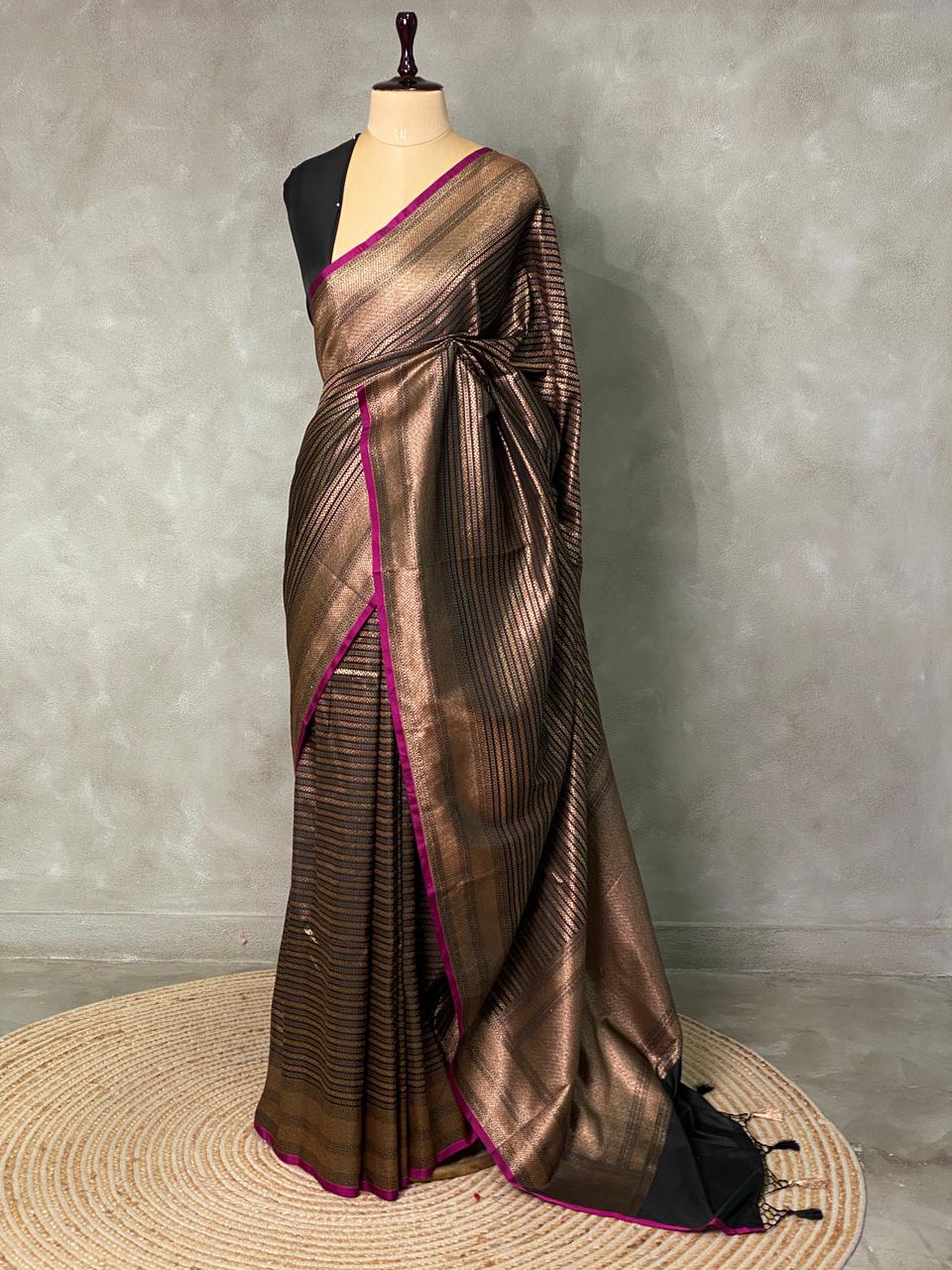 Black Semi katan Banarasi silksaree - PSB07e