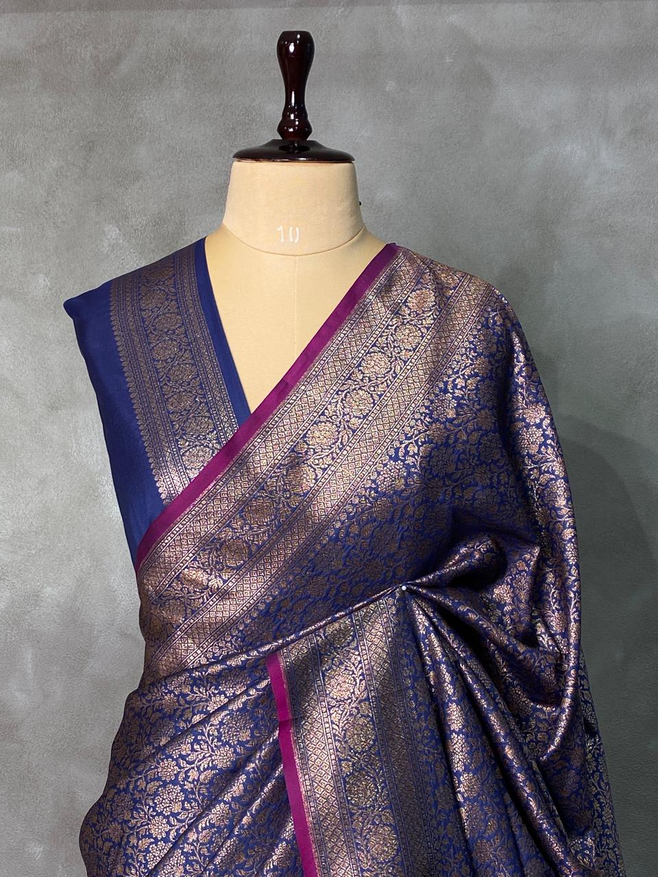 Navy blue Semi katan Banarasi silksaree - PSB07g