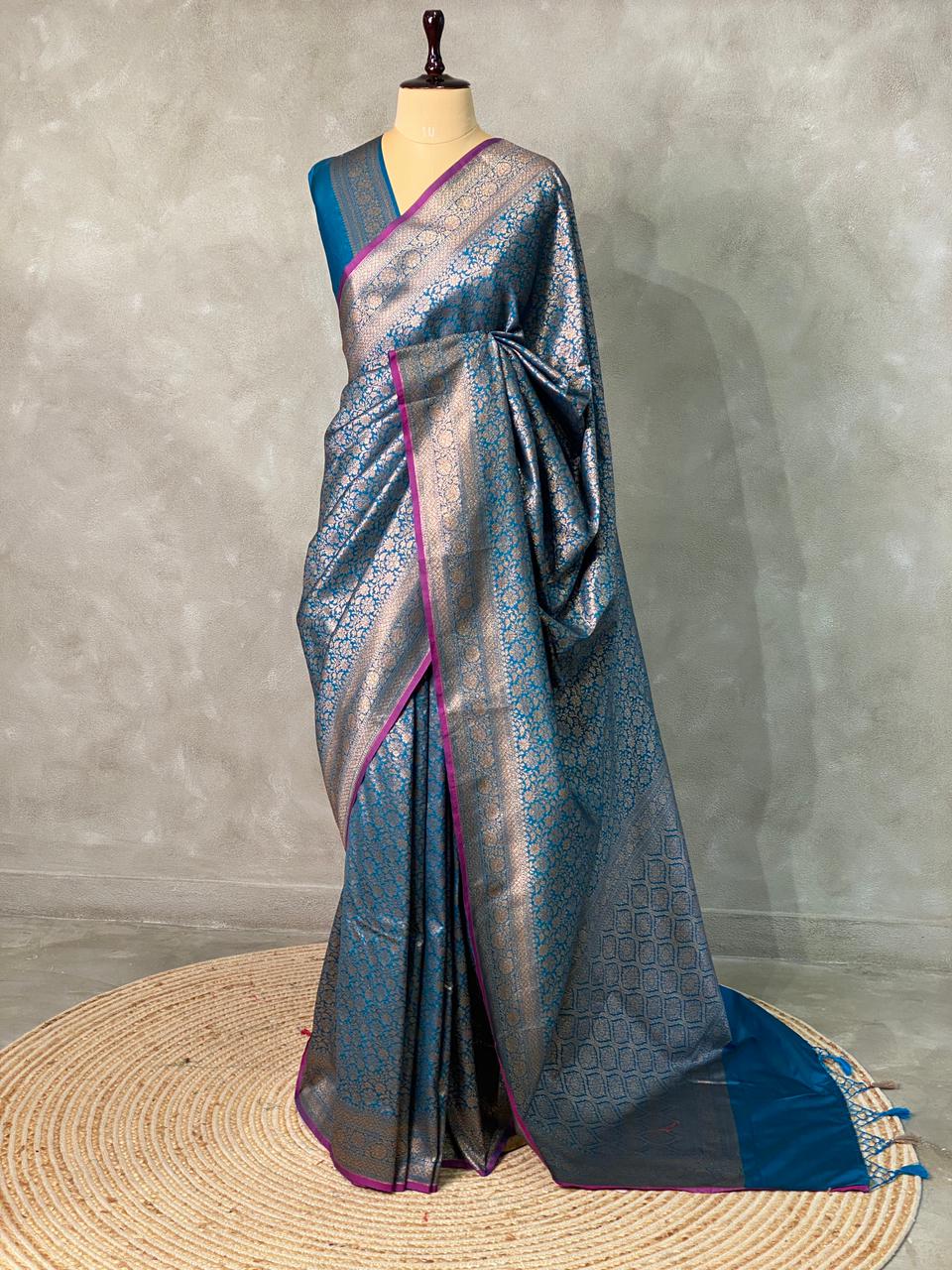 Peacock Blue Semi katan Banarasi silk saree - PSB07k