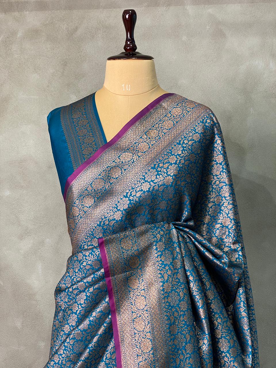 Peacock Blue Semi katan Banarasi silk saree - PSB07k