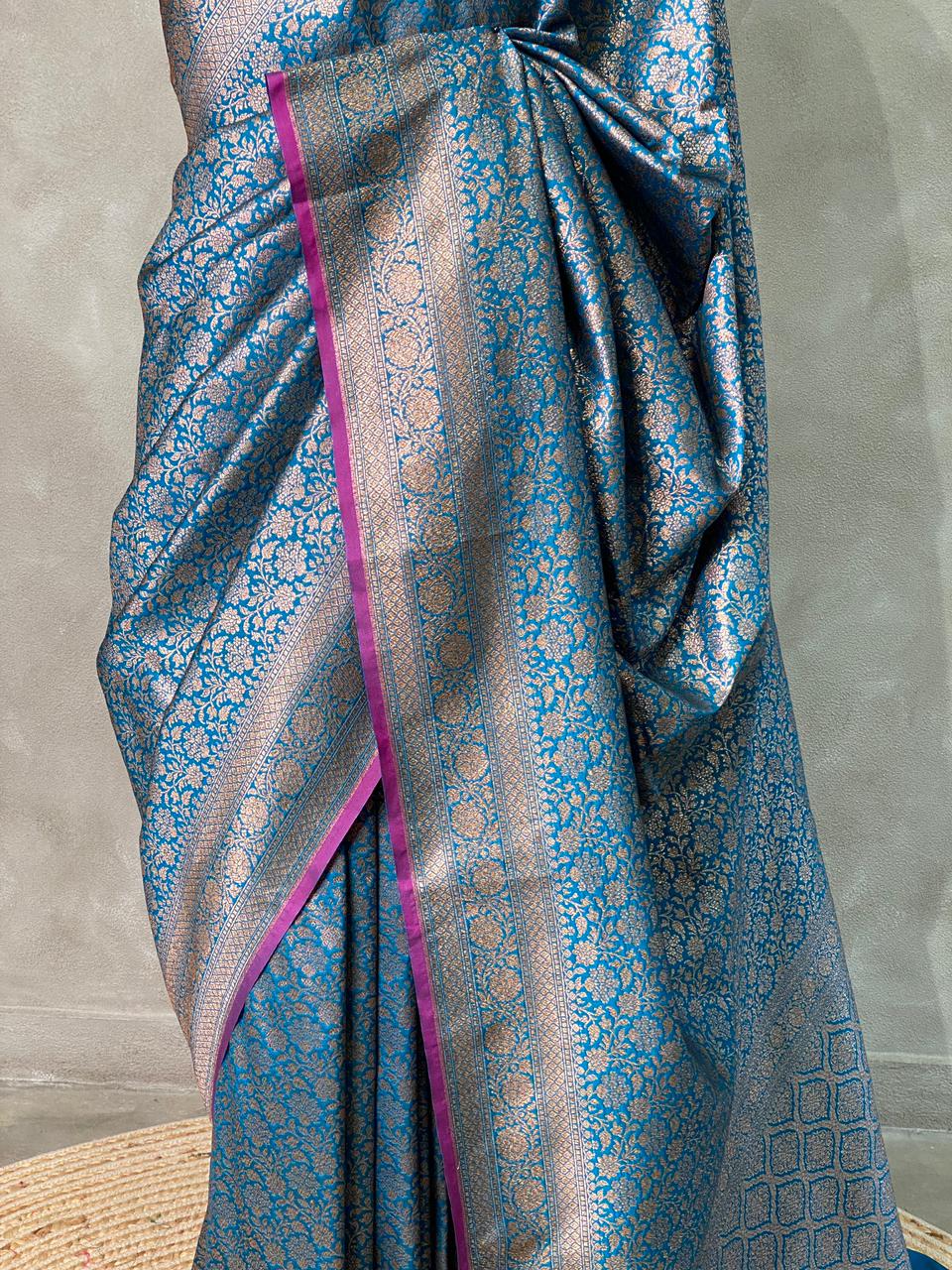 Peacock Blue Semi katan Banarasi silk saree - PSB07k