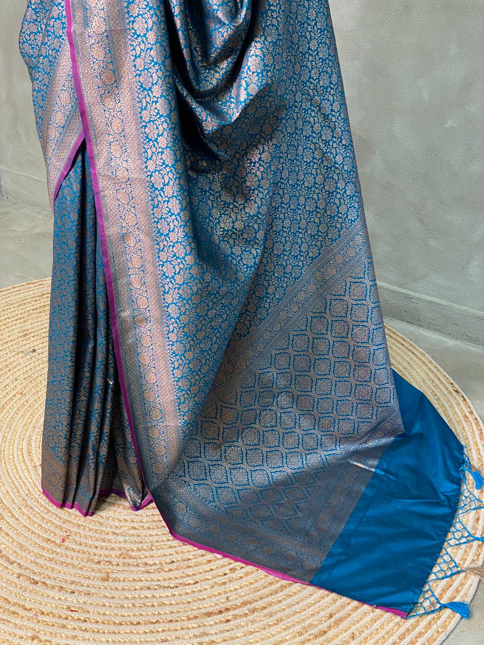 Peacock Blue Semi katan Banarasi silk saree - PSB07k