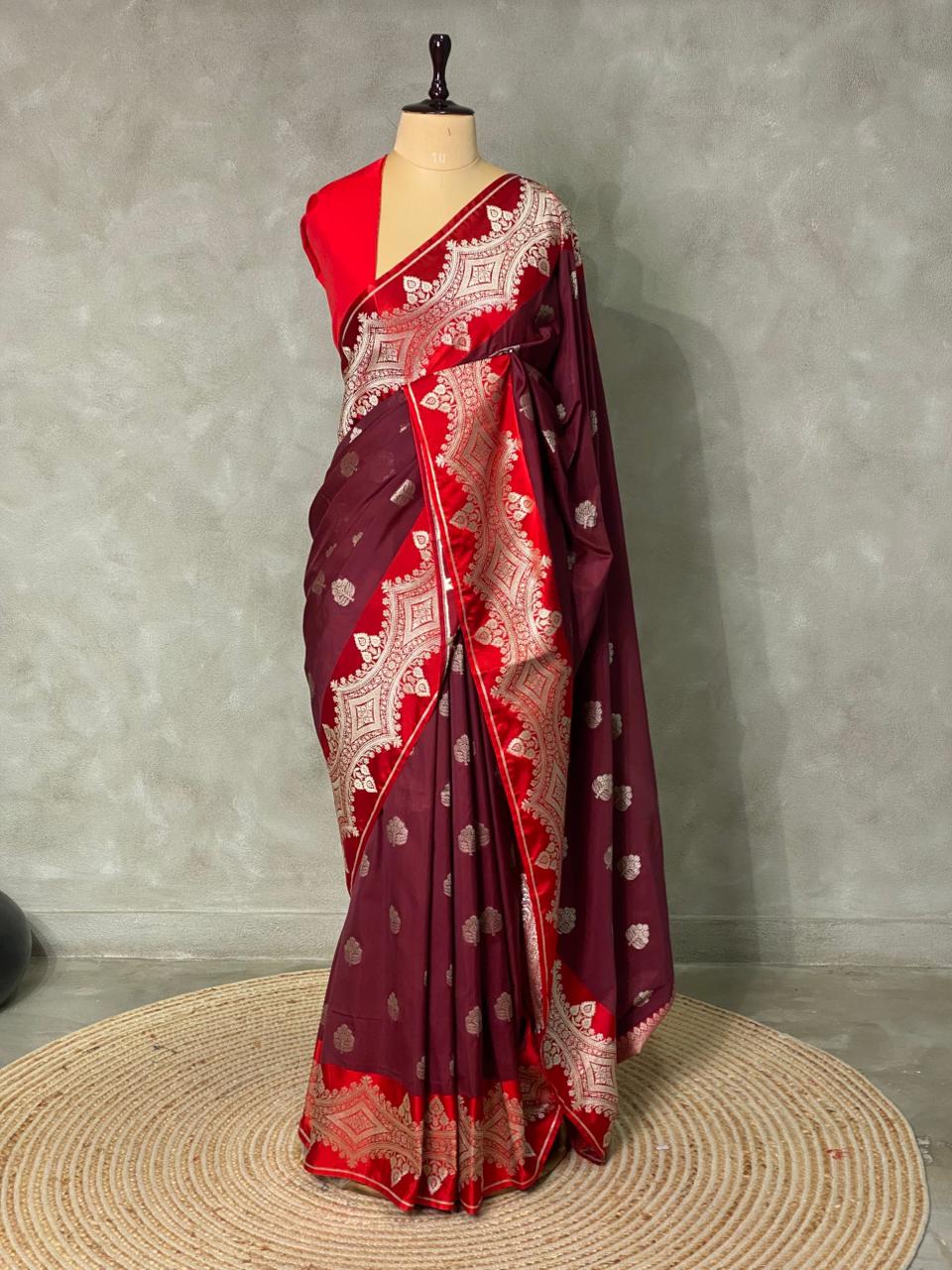 Maroon and red pure zatin Banarasi saree- PBSZ1
