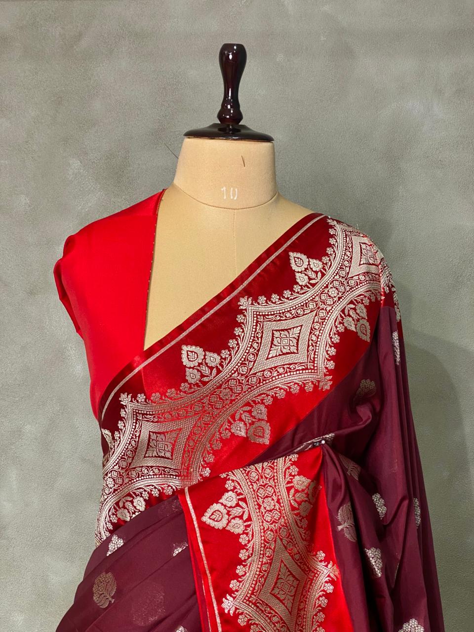 Maroon and red pure zatin Banarasi saree- PBSZ1